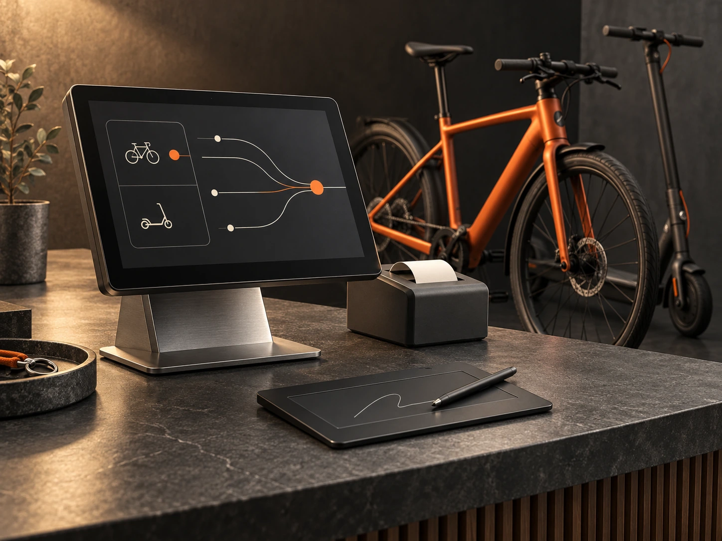 Composición 3D de mostrador, bicicletas, scooter y firma en tableta para representar una operación de rentas.