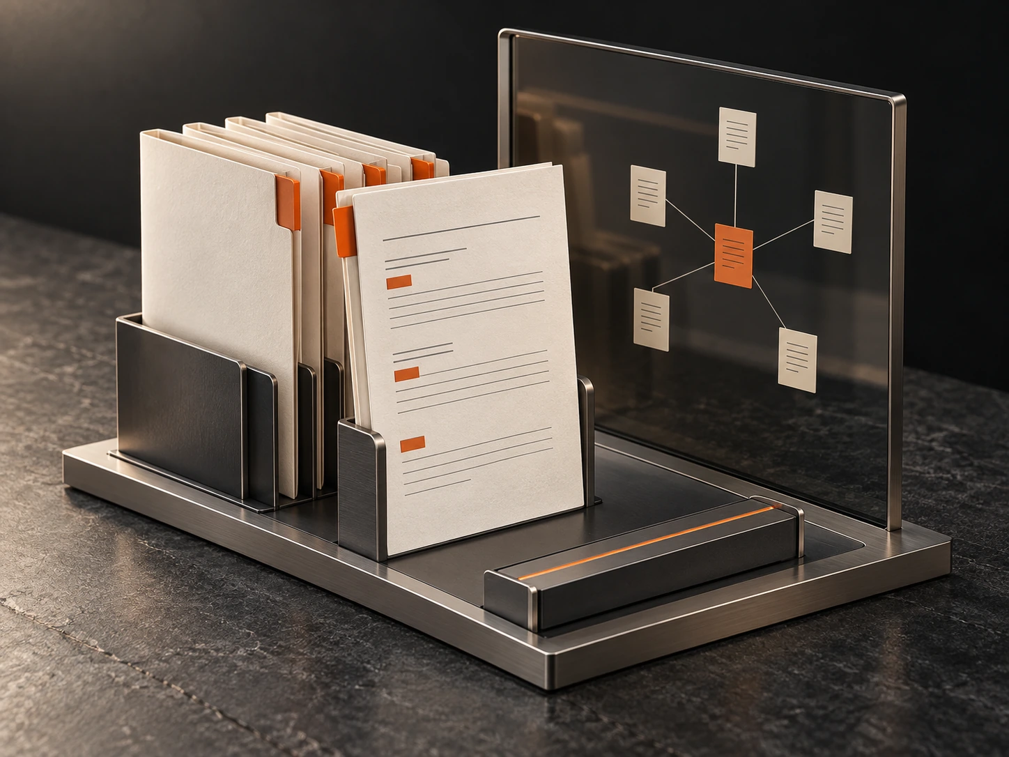Composición 3D de expedientes organizados y un panel de relaciones entre documentos.
