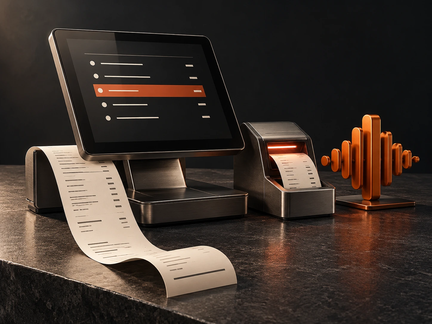 Composición 3D de una terminal de venta, tickets y una forma de onda para representar atención telefónica, pedidos e inventario.